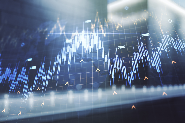 Multi exposure of abstract financial diagram and world map on contemporary business center exterior background, banking and accounting concept